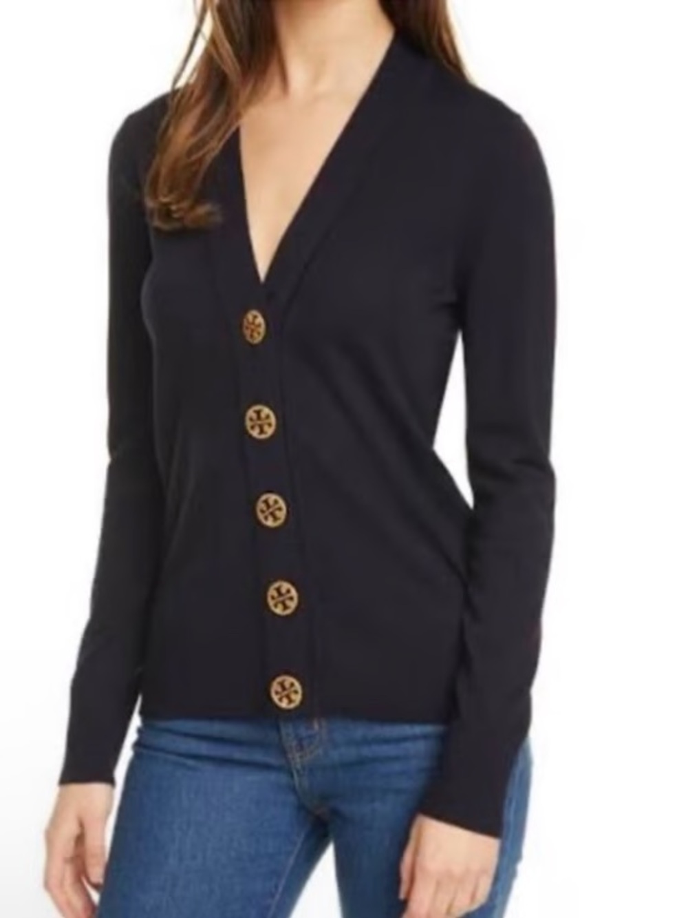 Tory Burch sz L Cardigan Sweater Merino Wool Gold Logo Buttons Dark Navy Blue - Picture 2 of 8